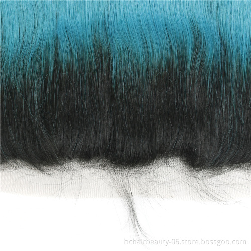 Ombre #1B/Blue Peacock Bundles With Frontal Straight Ombre Blue Human Hair Bundles With Lace Frontal Brazilian Remy Human Hair